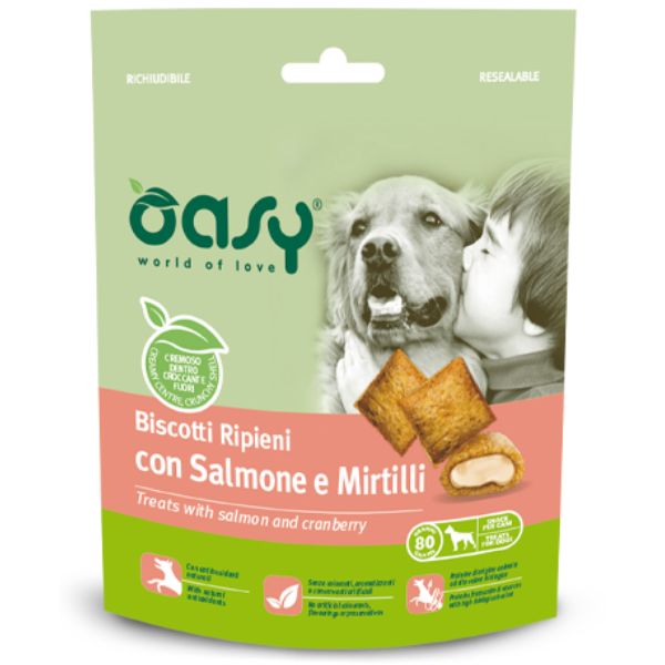 OASY CANE BISCOTTI RIPENI CON SALMONE E MIRTILLI 80 GR